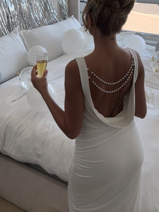 Dresses & Skirts - White Pearl Backless Cowl Neck Dress